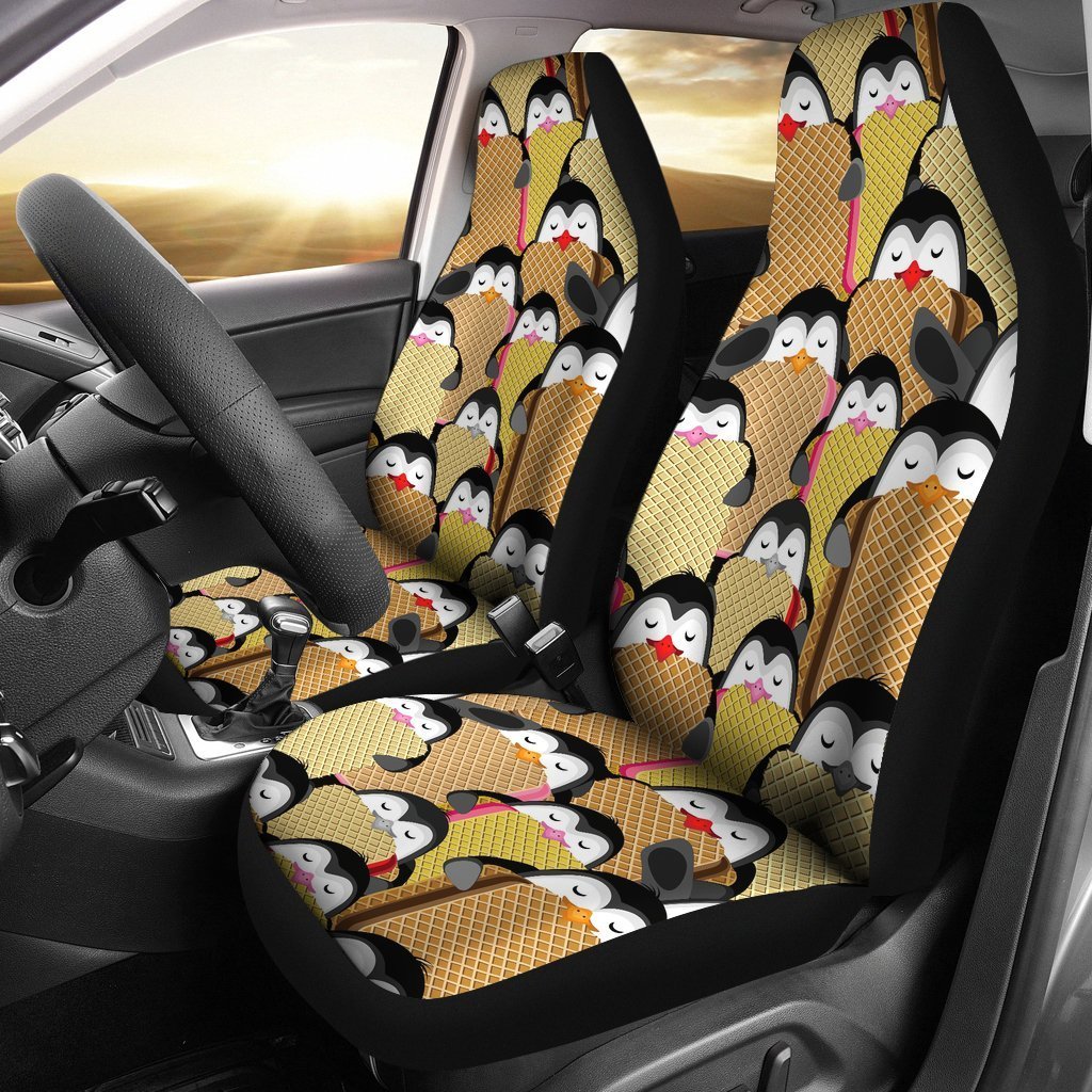 Penguin Waffle Pattern Print Seat Cover Car Seat Covers Set 2 Pc, Car Accessories Car Mats