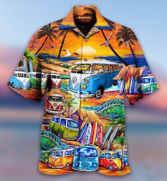 Colorful Camper Van On The Beach Unisex Hawaiian Aloha Shirts