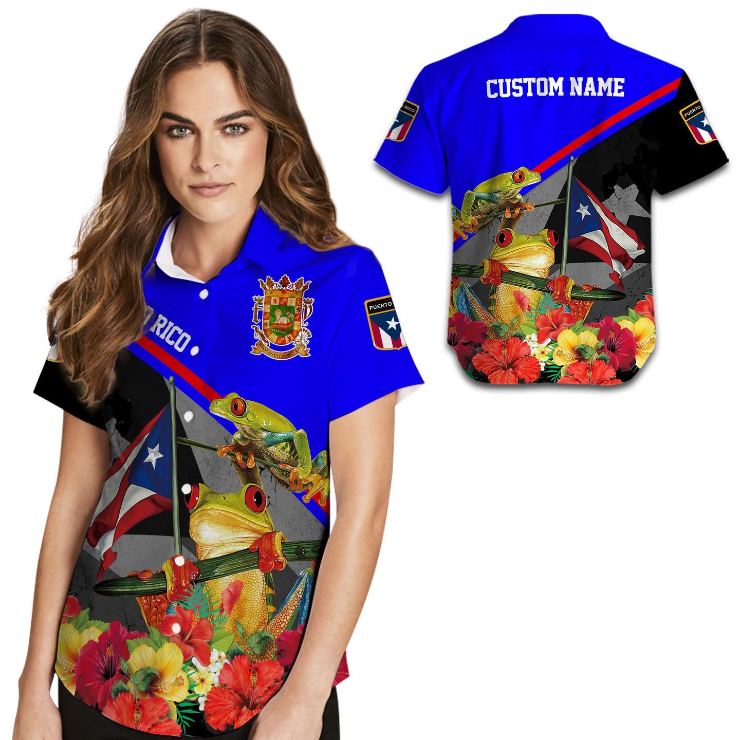 Beach Shirt Puerto Rico Coqui Frog And Hibiscus Custom Name Women Hawaiian Shirt For Puerto Ricans