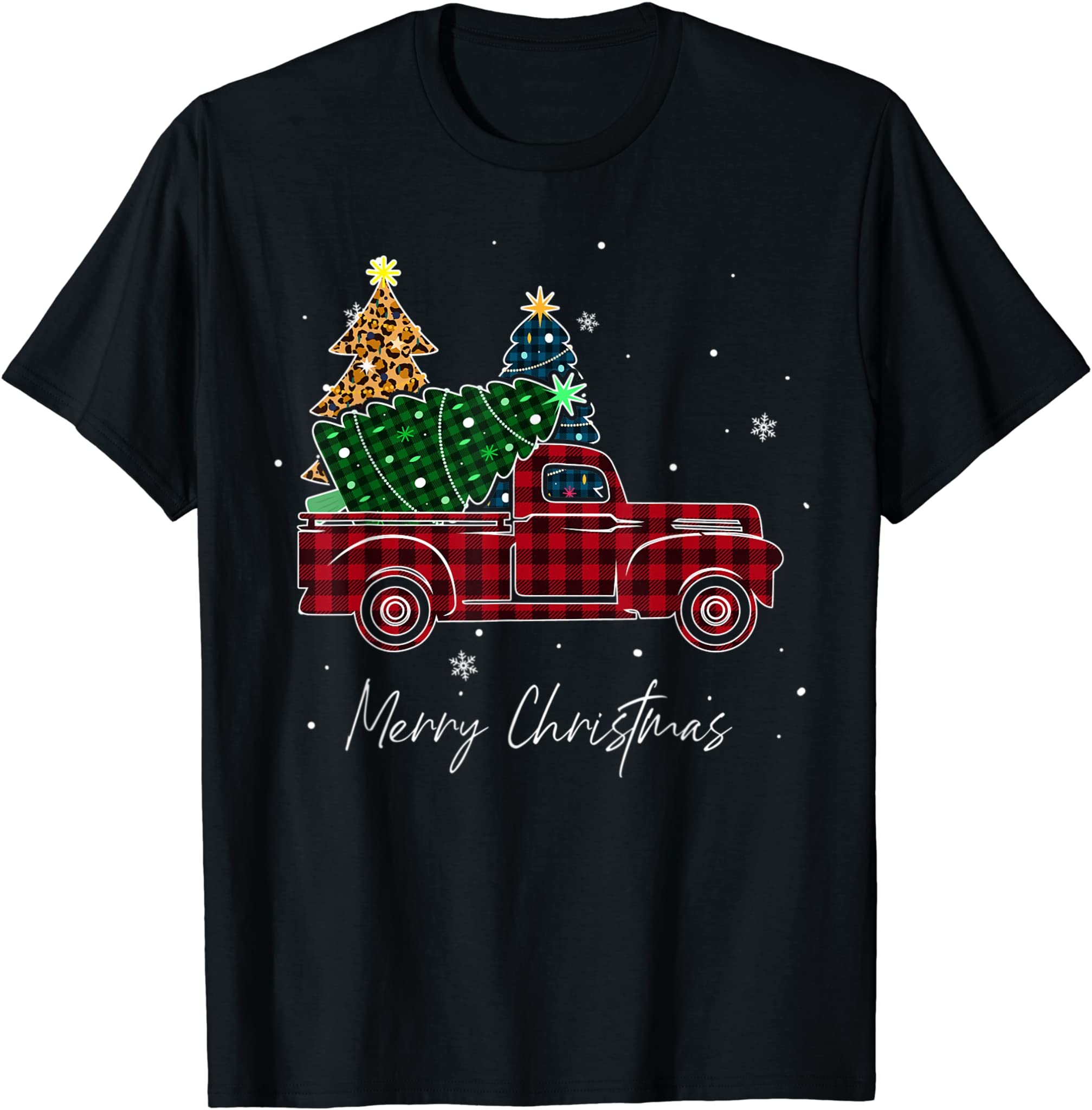 Merry Christmas Leopard Buffalo Truck Tree Red Plaid T-Shirt