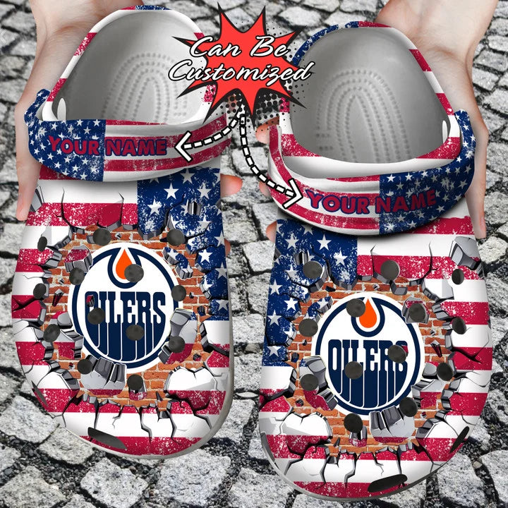 Hockey Crocss – Personalized E.Oilers American Flag Breaking Wall Clog Shoes