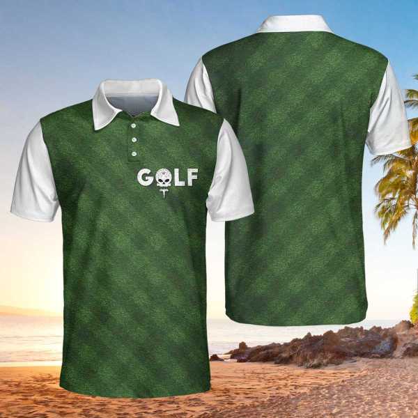 Golf Green Background Skull Golf Ball And Tee Polo Shirt - TattoosCafe