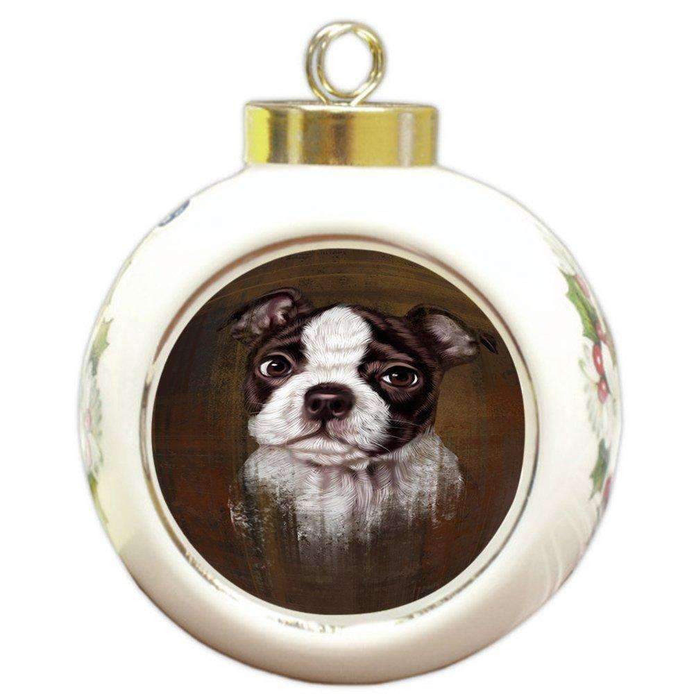 Rustic Boston Terrier Puppy Round Ball Christmas Ornament Rbpor48211