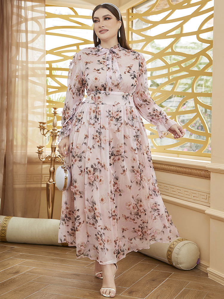 TOLEEN Women Large Plus Size Maxi Dress 2022 Spring Pink Chic Elegant Long Sleeve Floral Evening Party Wedding Festival Clothing alx