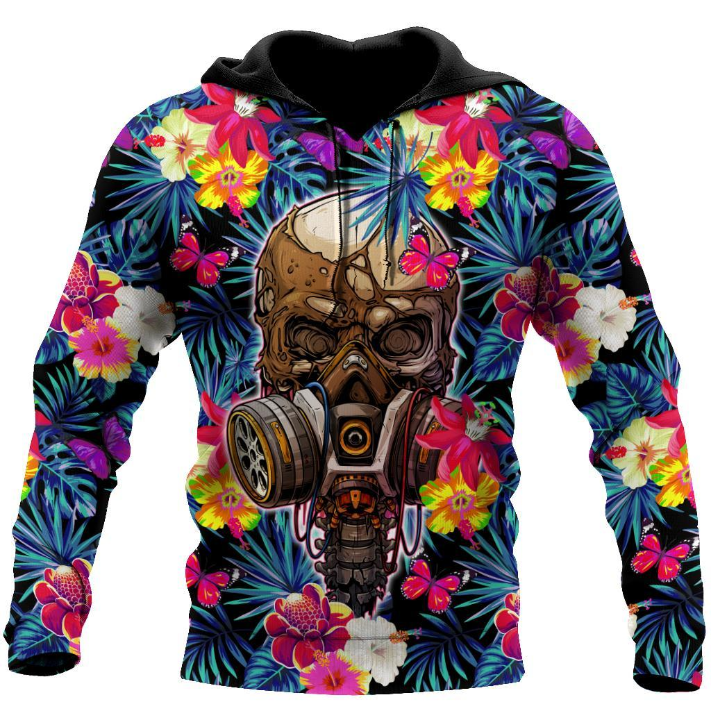 Floral Skull Hoodie, 3D Skull Hoodie On Floral Pattern Skull Hoodie Flower Patter