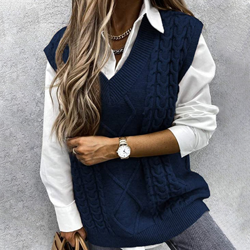 Women’s sweater vest Solid khaki black/navy blue coffee oversized v-neck sleeveless sweaters Womens pullover cable knit tops alx