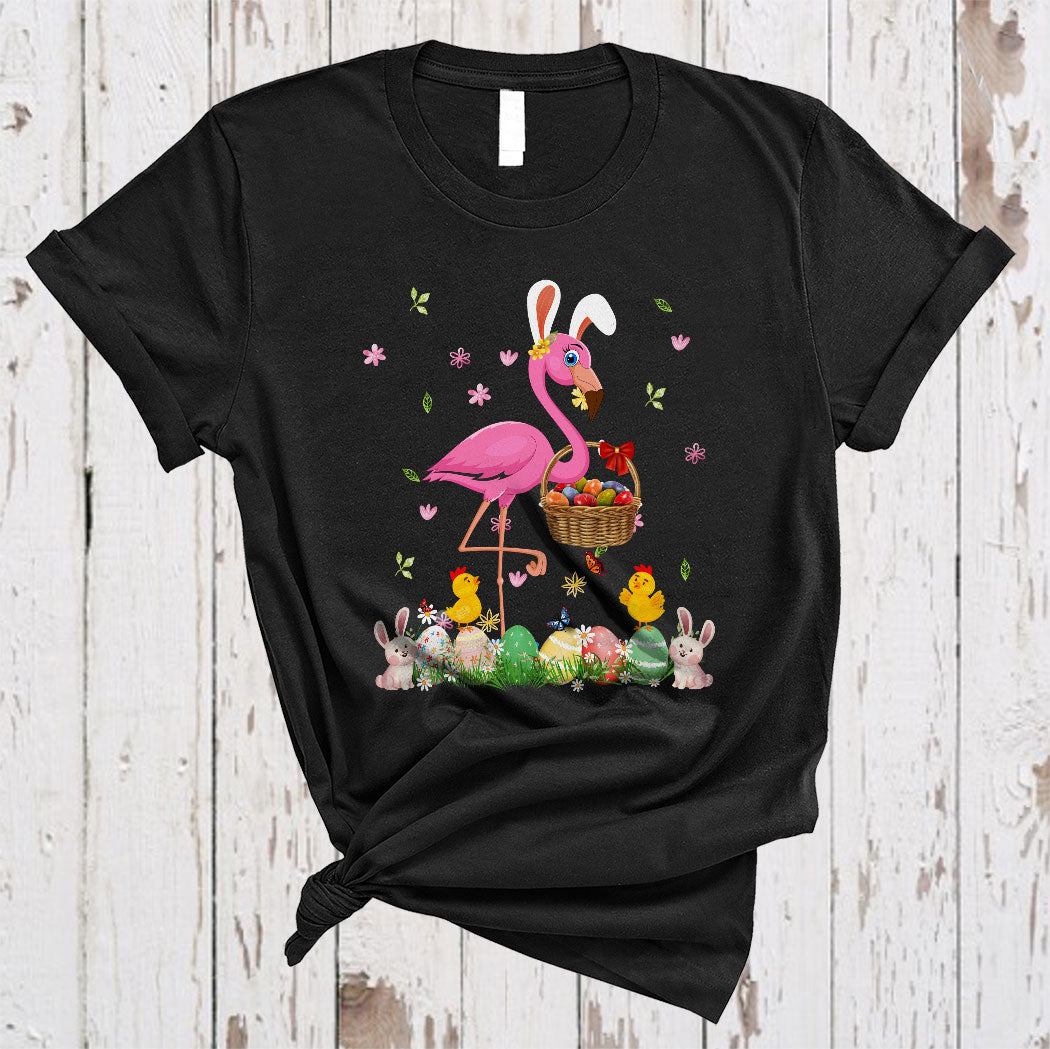 Bunny Flamingo Bringing Easter Eggs Basket Cute Easter Egg Hunting Flower Flamingo Lover T-Shirt