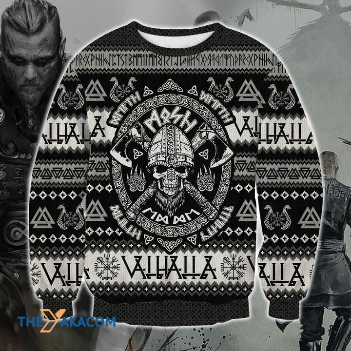 Black And White Viking Skull And Poleax Gift For Christmas Ugly Christmas Sweater