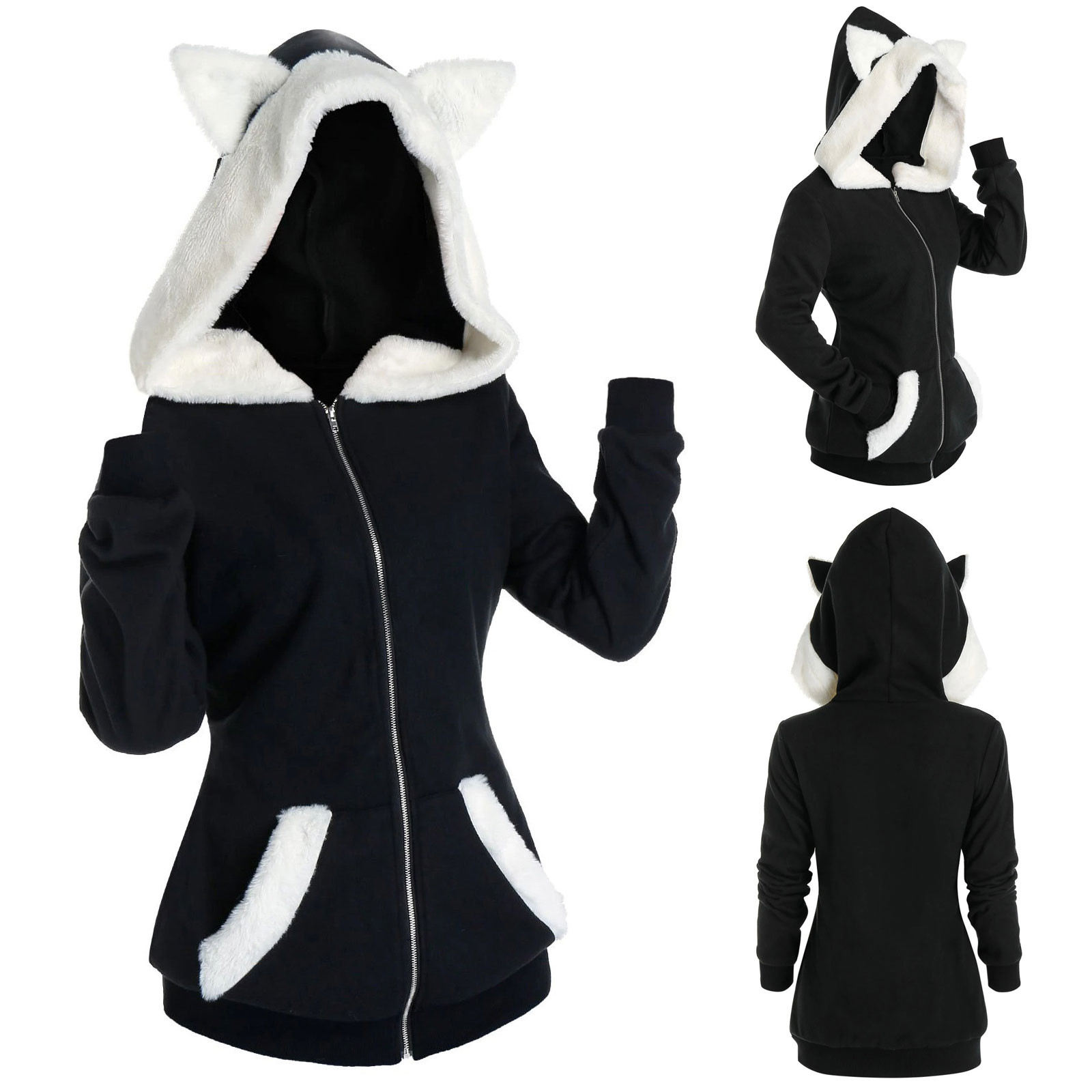 Women Plush Hoodies Kawaii Cat Ears Hoodie Gothic Punk Harajuku Cosplay Pullovers Black Hooded Sweatshirts Casual Jacket alx