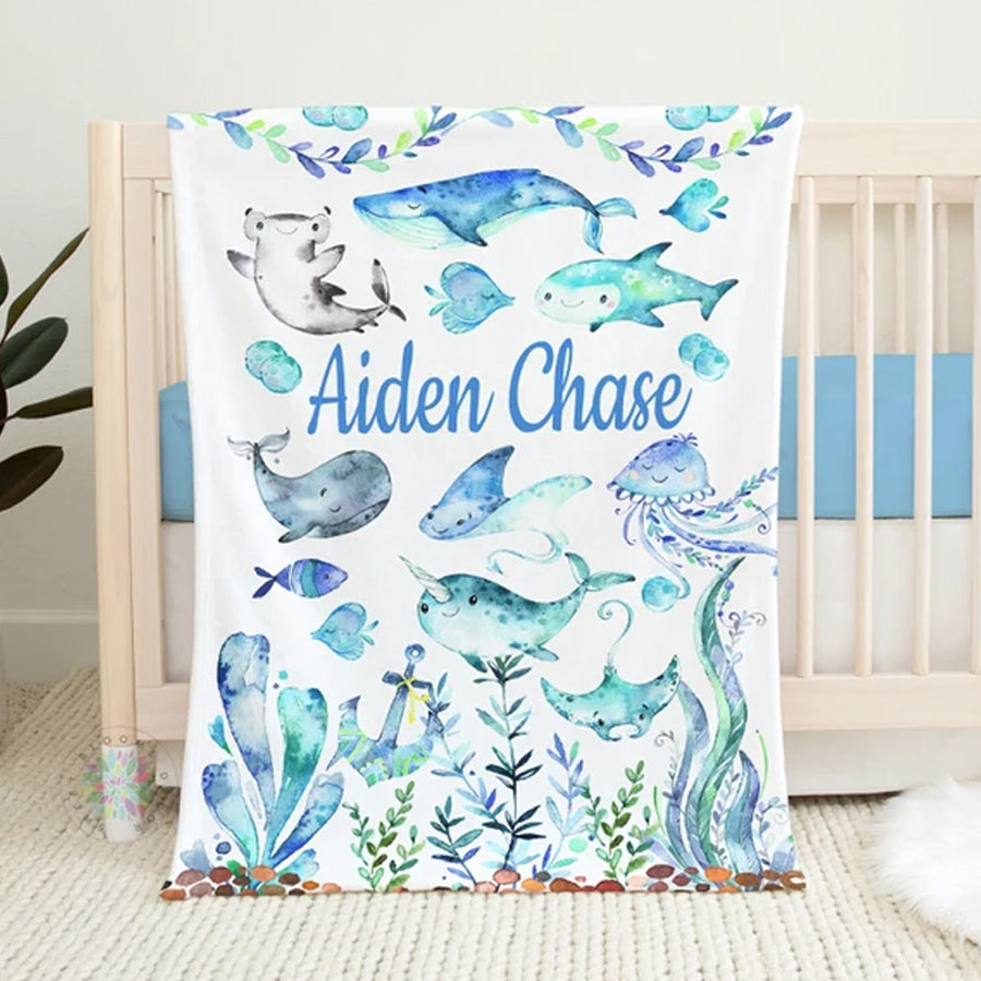 Sea Animals Baby Boy Name Blanket, Under The Sea Blue Green Whale Shark Fish Ocean Baby