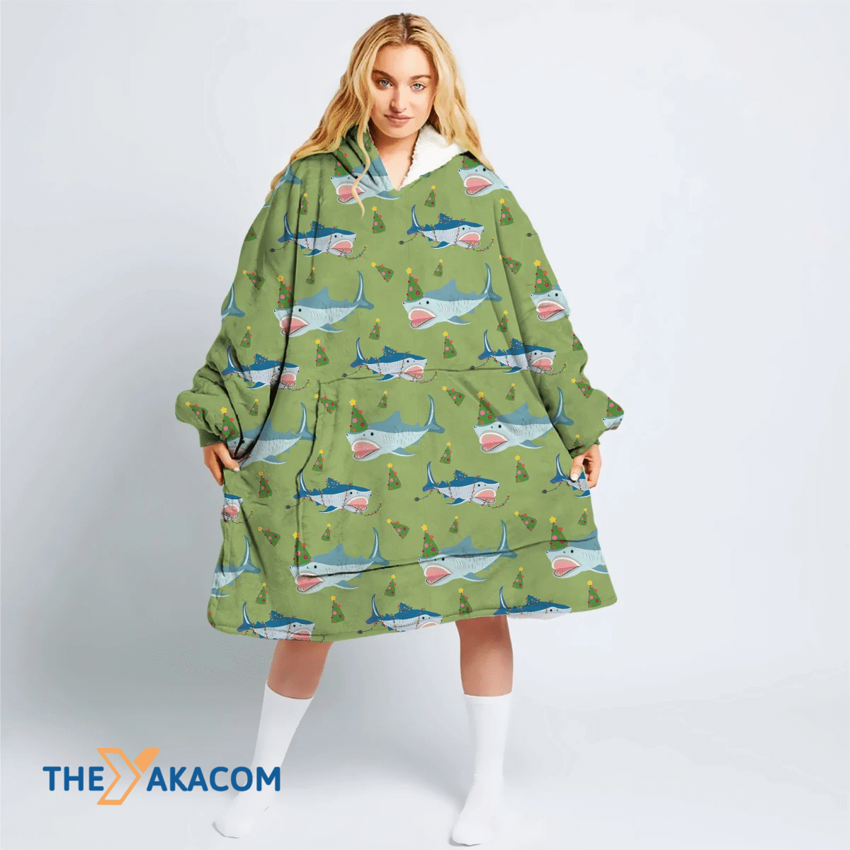 Christmas Cute Shark And Tree Cartoon Style Hoodie Blanket