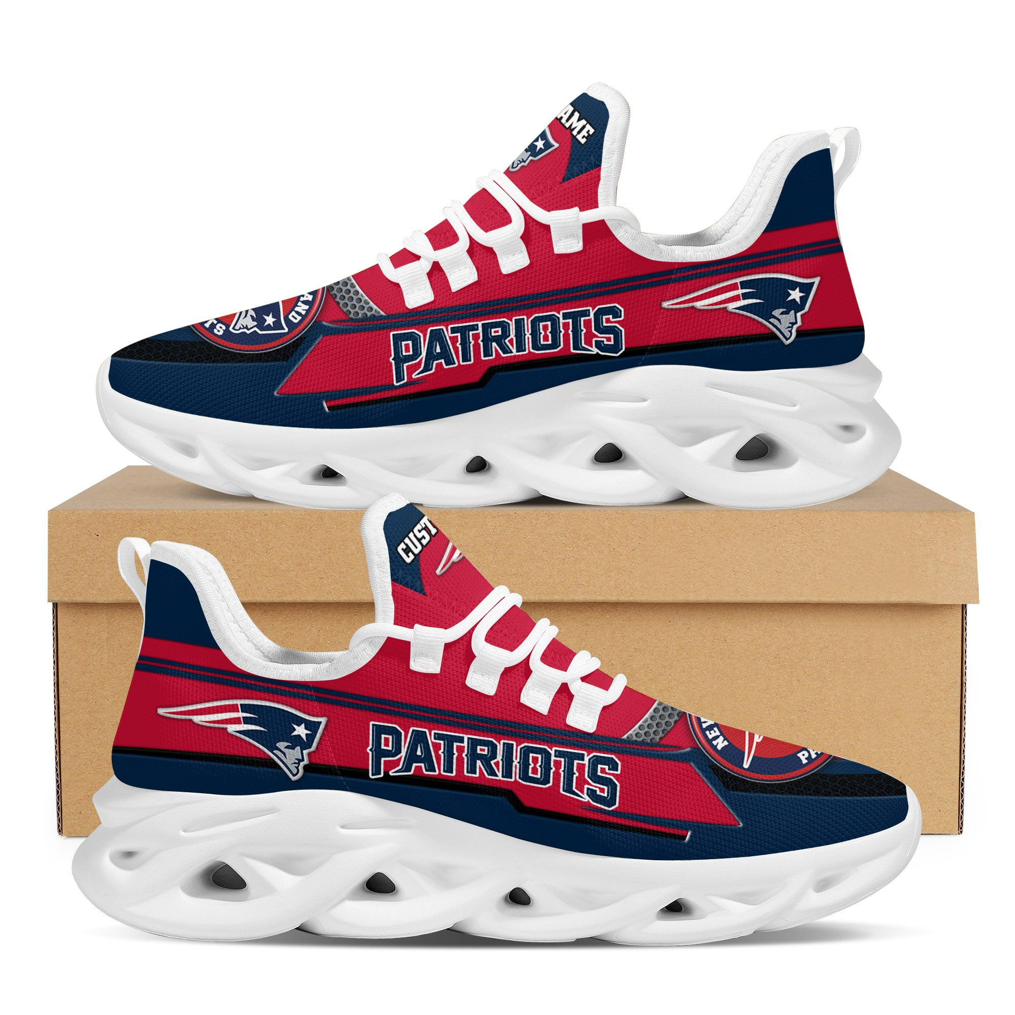 New England Patriotsfootball Team Symbol Geometric Pattern Custom Name Personalized 3D All Over Print Max Soul Sneakers For Men And Women