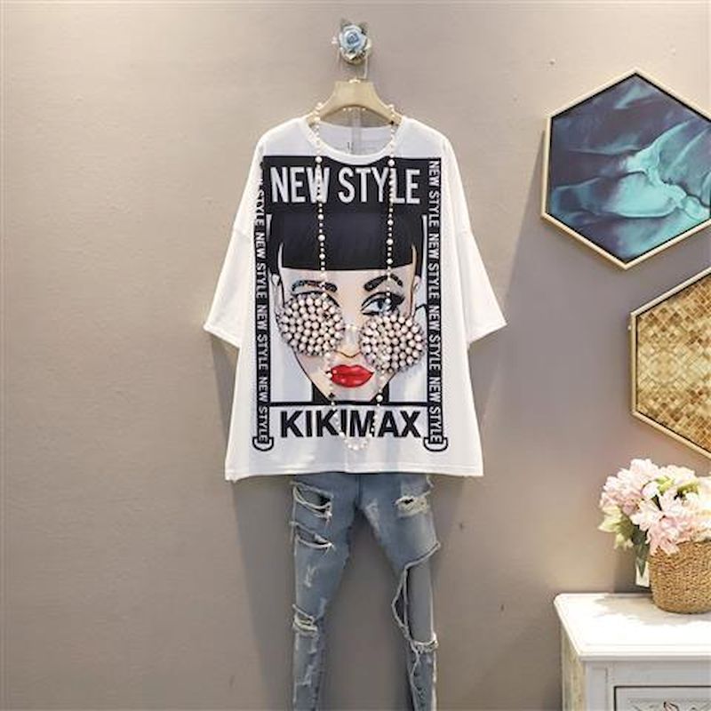 100% Cotton T Shirt Women’s Trend fashion beading T-Shirt Korean Cartoon short sleeve tops Girl’s Oversized Tshirt 2022 summer alx