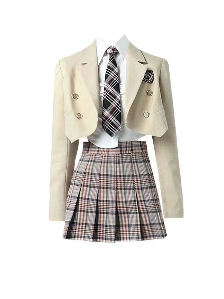 College Style Blazer Skirt Suit Female Spring 2022SS Short Jacket + Plaid Skirt + White Blouse Three-piece Set Women JK Uniform alx