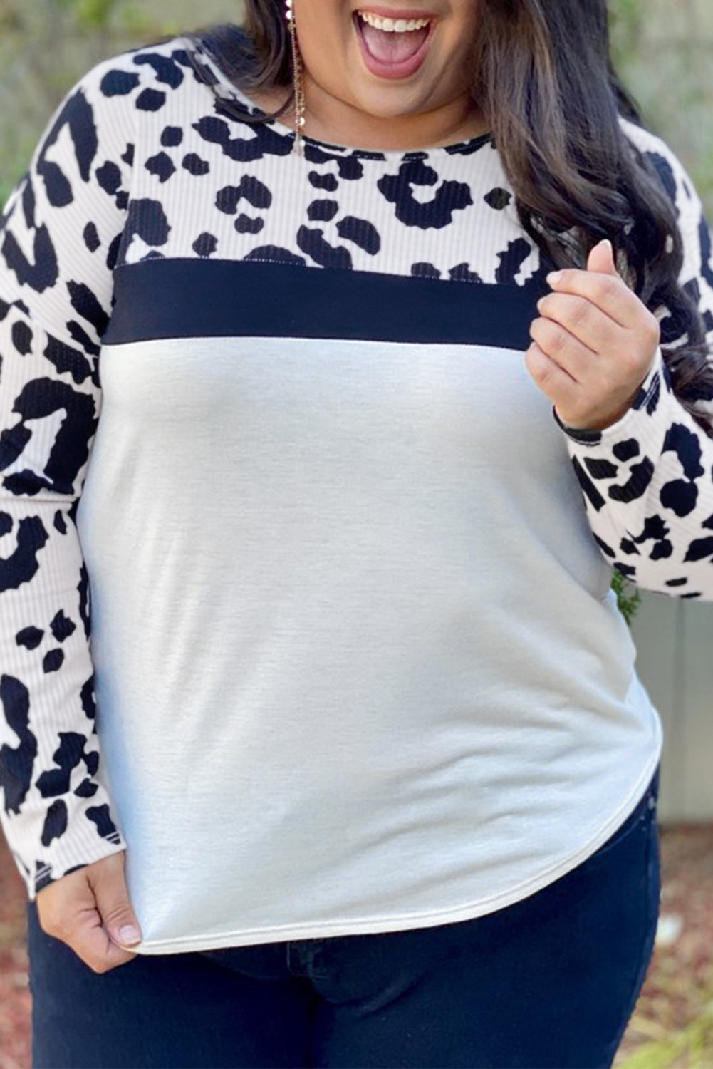 Plus Size Leopard Colorblock Long Sleeve Top