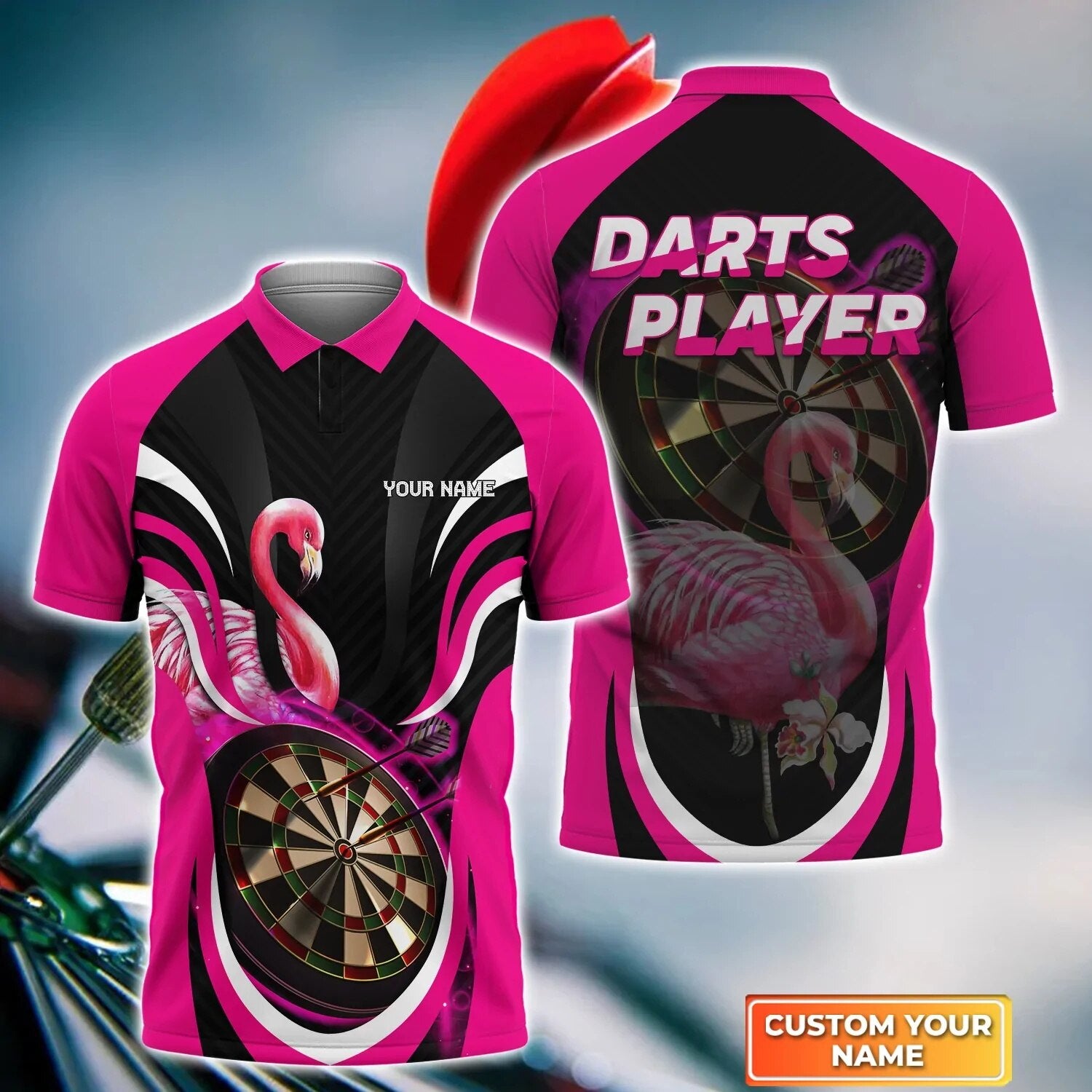 Personalized Dart Flamingo Polo Shirt, Black And Pink Flamingo Dart Shirt, Summer Shirt For Dart Player