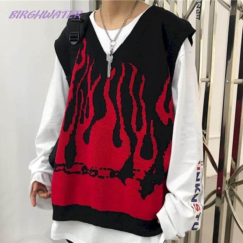 Sweater Vest Women Autumn Hit Color Flame Knitted Sleeveless Couples Sweaters Waistcoat Harajuku Loose Pullover 2022 Chic Mujer alx