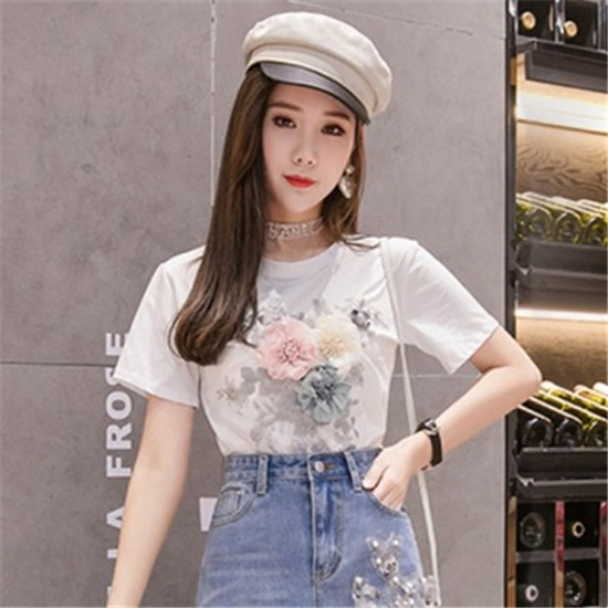 Women Heavy Work Embroidery 3D Flower Tshirts + Jeans Skirt 2pcs Clothing Sets Summer Casual Package Hip Denim Skirts Suits Y82 alx