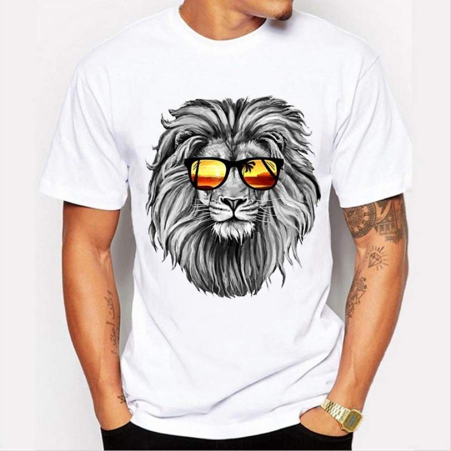 Summer Casual Fashion New Personality Wearing Glasses Lion Pattern Printing High-Quality Short-Sleeved Round Neck White Men’S T-Shirt