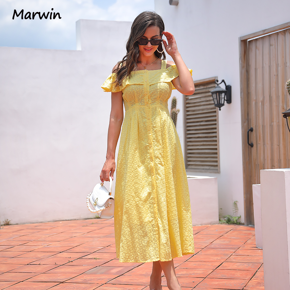 Marwin Simple Long Casual Solid Hollow Out Pure Cotton Holiday Style High Waist Fashion Mid-Calf Summer Dresses NEW Vestidos alx