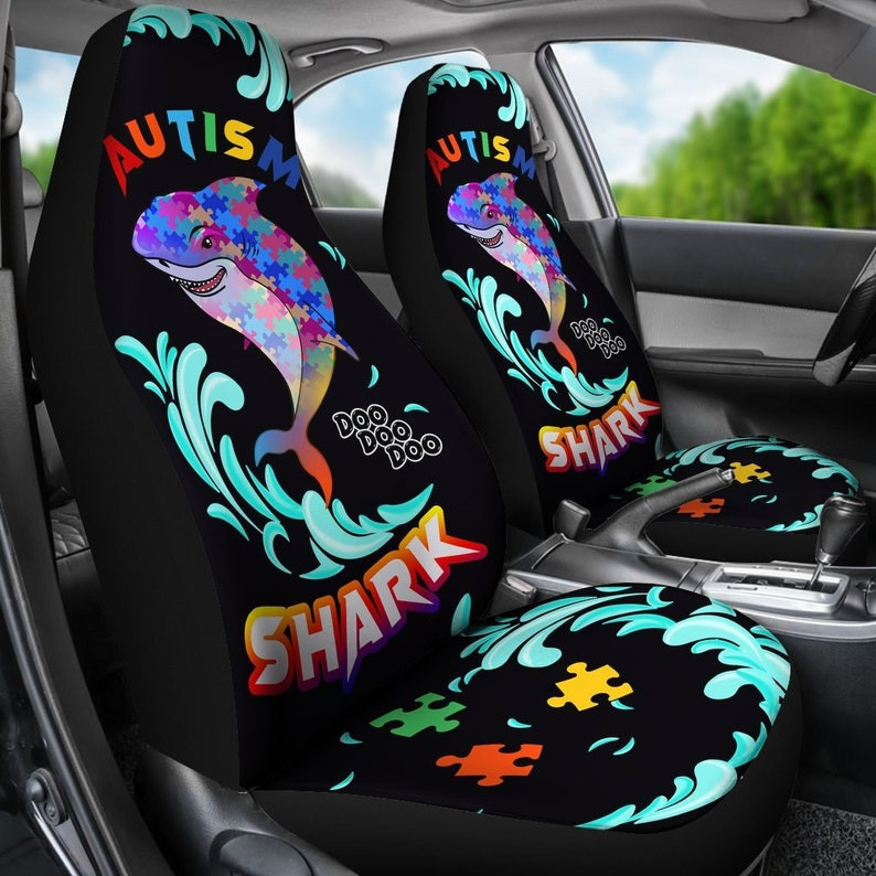 Autism Awareness Happy Shark – Black Car Seat Cover Dad Mom Gift (Set Of 2)