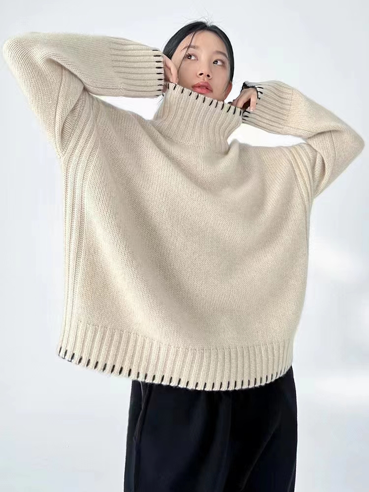 100% Pure Wool Cashmere Sweater Women’s High Neck Pullover Fashion Korean Loose Knitwear 2022 Autumn Winter New Tops Large Size alx