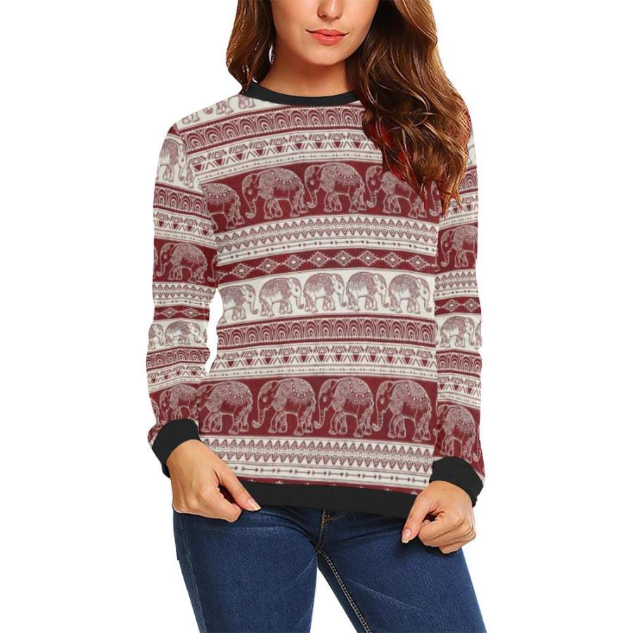 Red Aztec Elephant Pattern Print Women Crewneck Sweatshirt