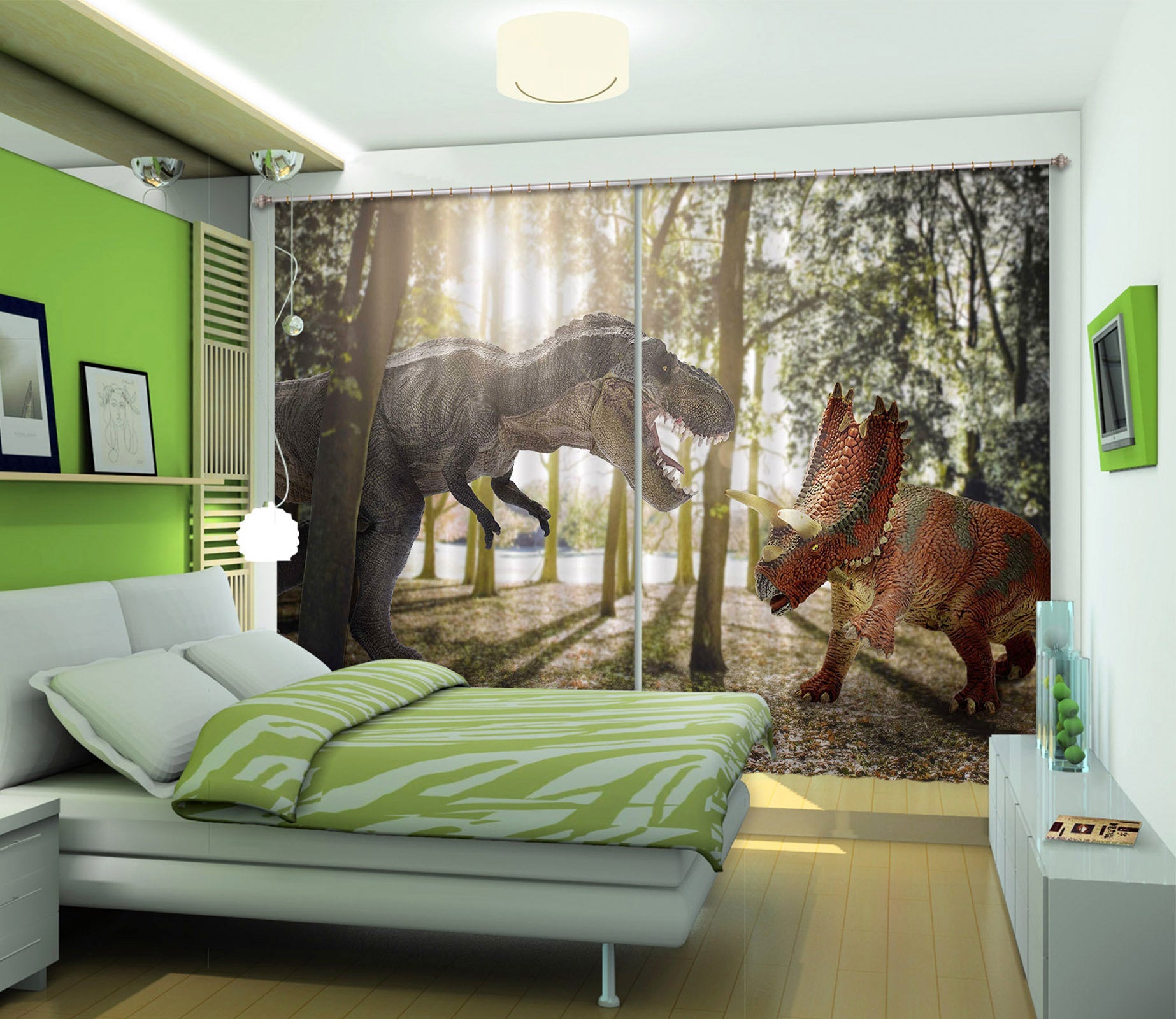 3D Dinosaur In The Forest C026 Blockout Photo Curtain Print Curtains Drapes Fabric Window | 3D Large Photo Curtain, Jess Art Decoration Wallpaper