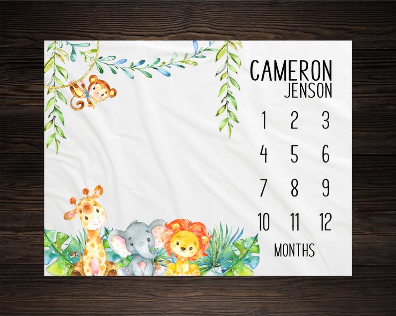 Safari Baby Milestone Blanket, Month Blanket Growth Tracker Fleece Blanket, Baby Shower Tribal, Baby Newborn Gift, Safari Animals