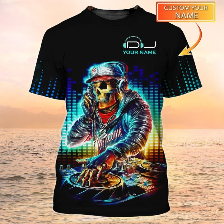 Personalized Name Skull Dj Design Shirt Neon Light, Dj T Shirts