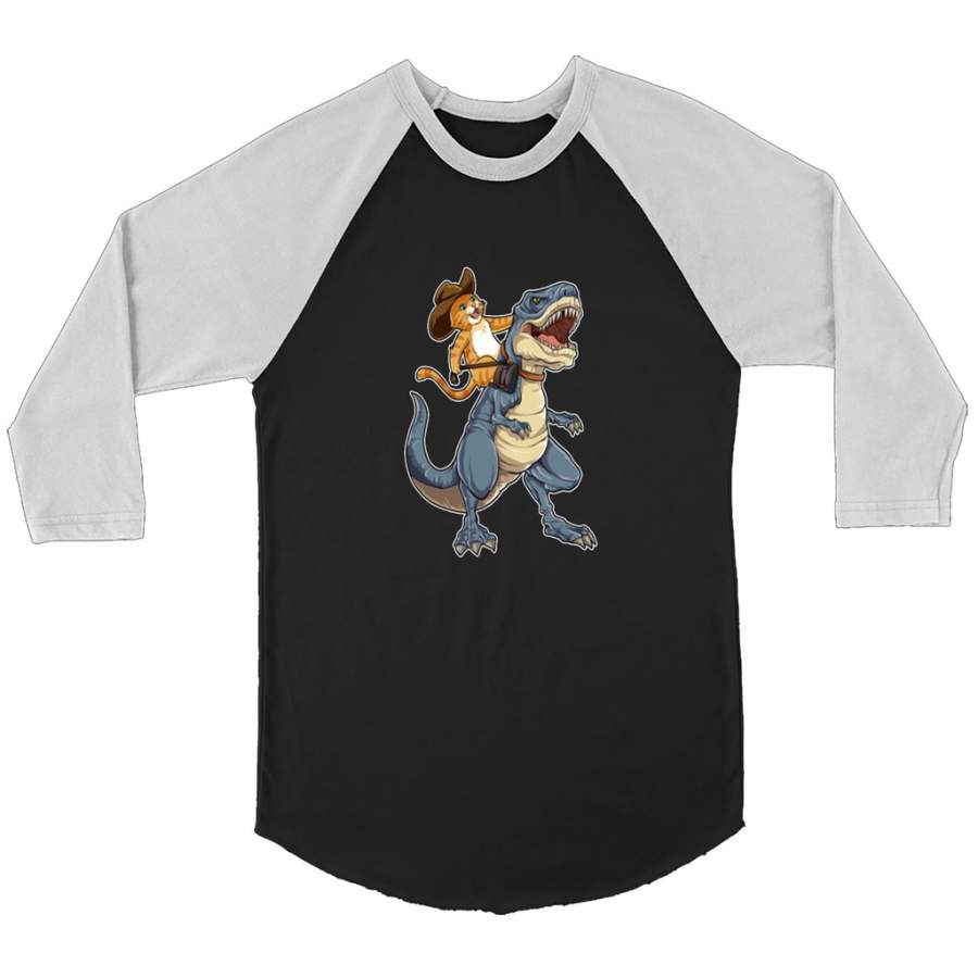 Cat Cowboy Riding T-rex Dinosaur, Funny Purrassic Kitty Kitten Dino Gifts – Canvas 3/4 Raglan Shirt