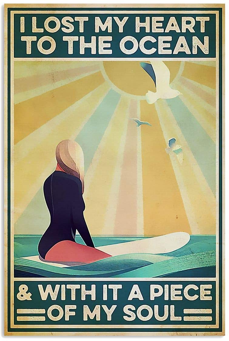 Vintage Girl Surfing – I Lost My Heart To The Ocean A Piece Of My Soul Poster Art Print      Home Decor Gift For Men Women Family Friend On Birthday Xmas