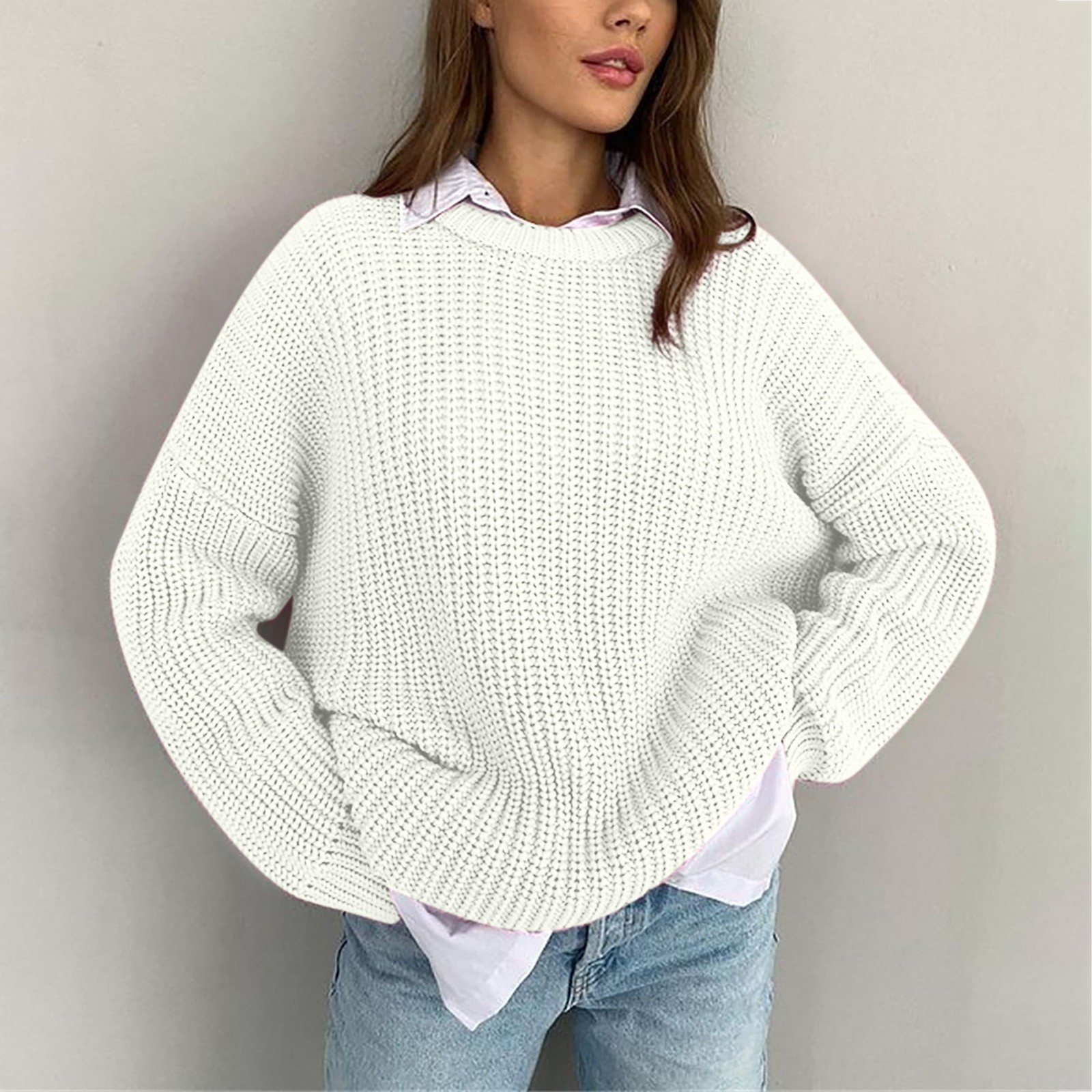 Women’s Fashion Loose Lazy Wind Knitted Sweater Elegant Outerwear Pullover Long Sleeve Round Neck Knit Sweater Quarter Sweaters alx