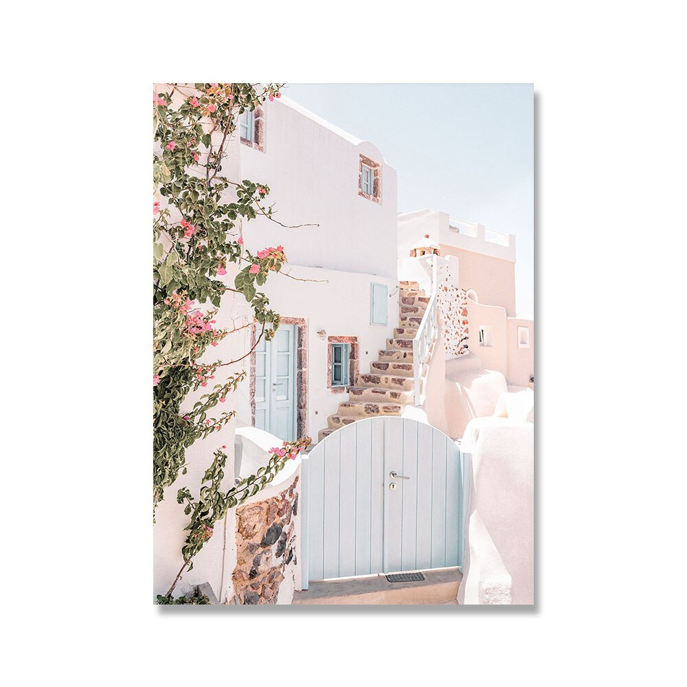 Summer Santorini Poster Print Pastel Forecourt Pink Flowers Canvas Painting Minimalist Modern Wall Art Living Room Home Decor alx
