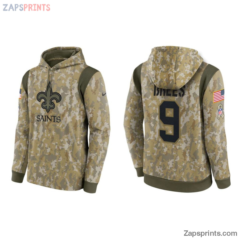 Drew Brees New Orleans Saints Camo 2021 Salute To Service Veterans Day Therma Pullover Hoodie