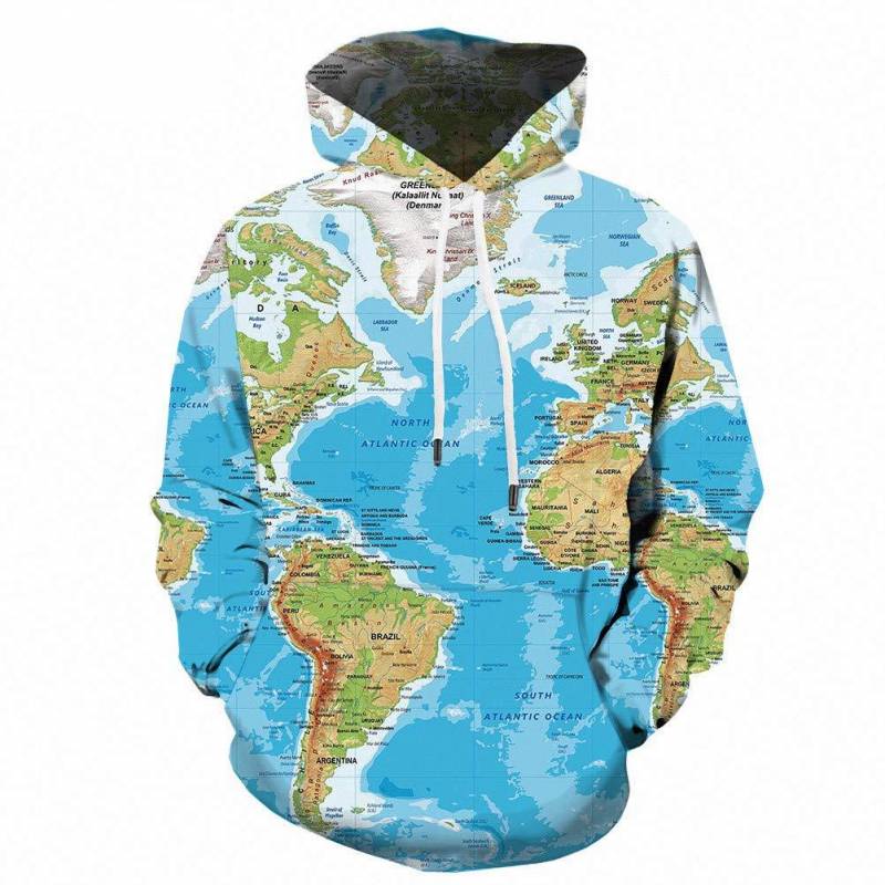 World Map Hoodie – Global Navigation Bunny Hug Sky Blue Sweatshirt