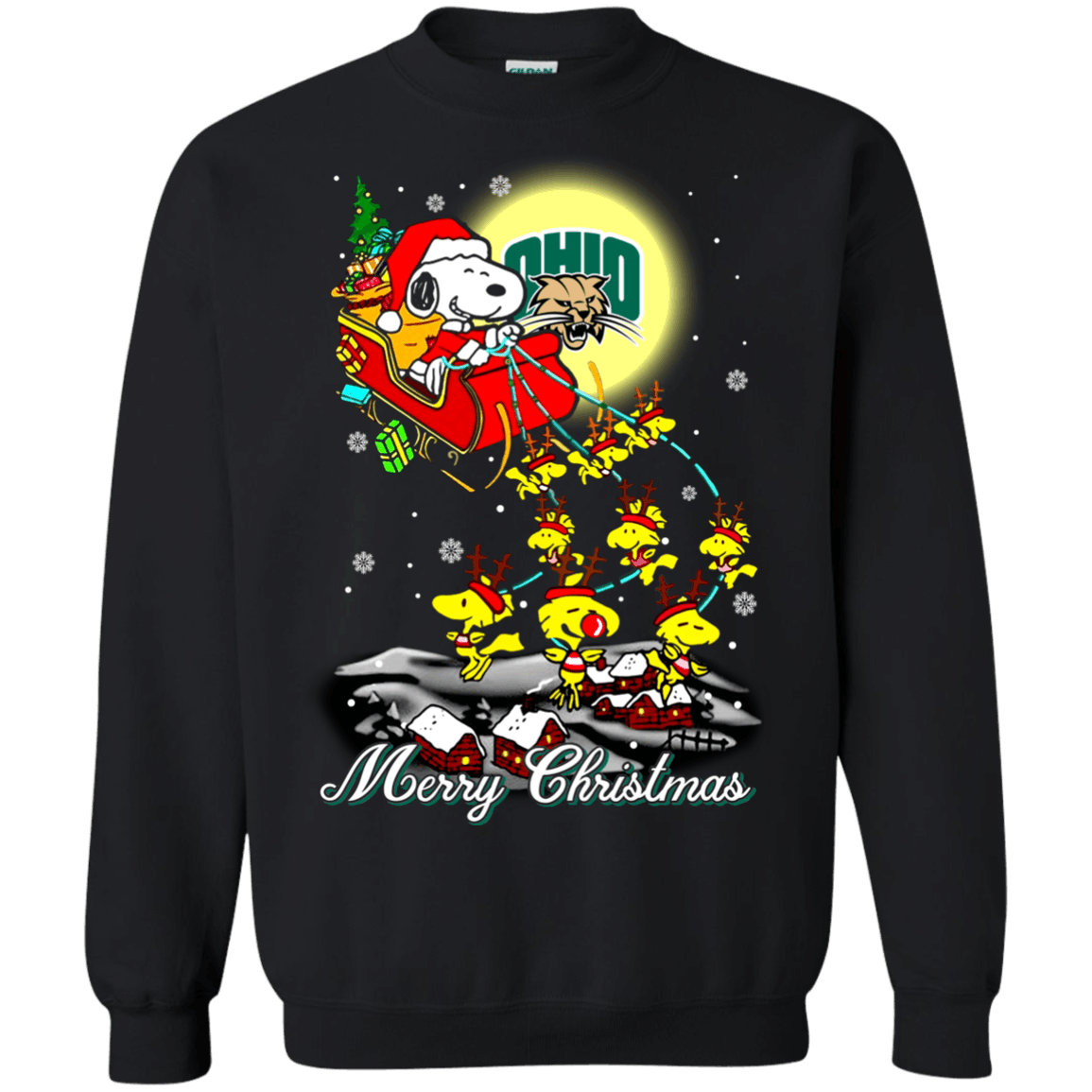 Awesome Ohio Bobcats Ugly Christmas Sweater 2023S Santa Claus With Sleigh And Snoopy Sweatshirts
