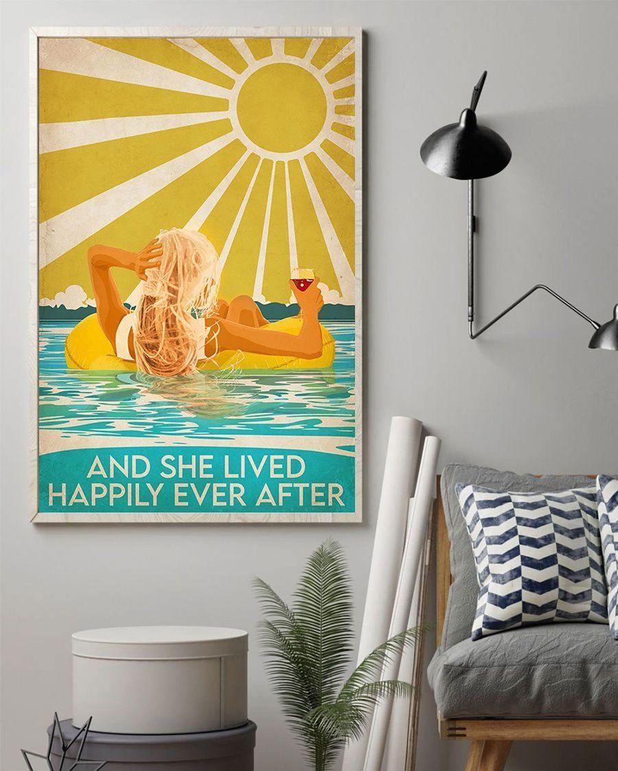 And She Lived Happily Ever After Swimming Sunset On Beach – Best Idea Gift Sunset Lover , Gift For Home Decor, Gift For Family – Horizontal Canvas Matte Canvas Wall Art