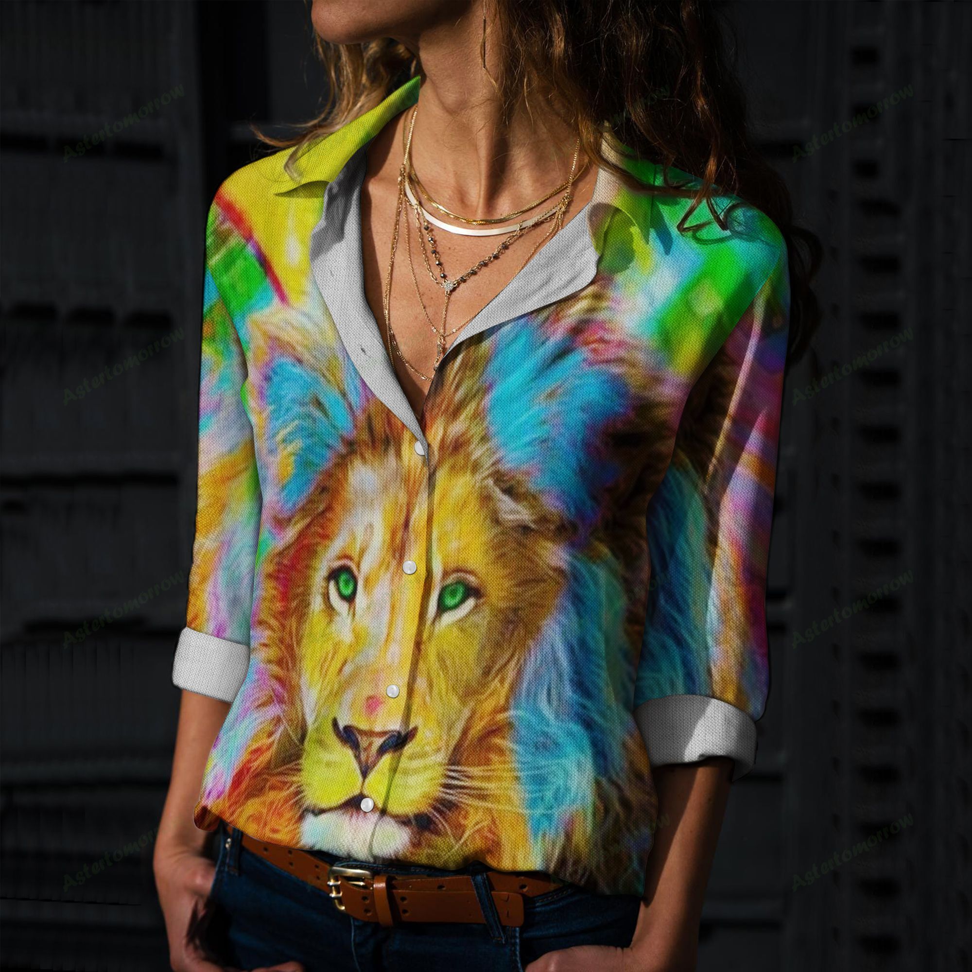 Watercolor Lion Cotton And Linen Casual Shirt, Lion Linen Shirt