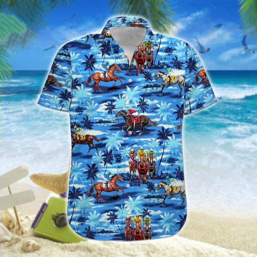 Hawaii Aloha Shirts Horse Racing Blue Palm Tree Ha34823