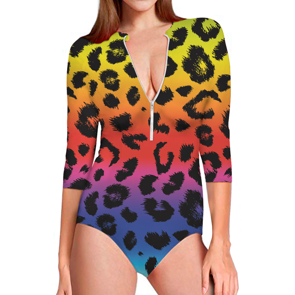 Rainbow Leopard Print Long Sleeve One Piece Swimsuit