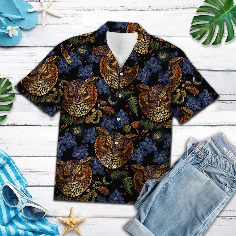 Owl Night Hawaii Unisex Print Aloha Short Sleeve Casual Shirt Ha87804