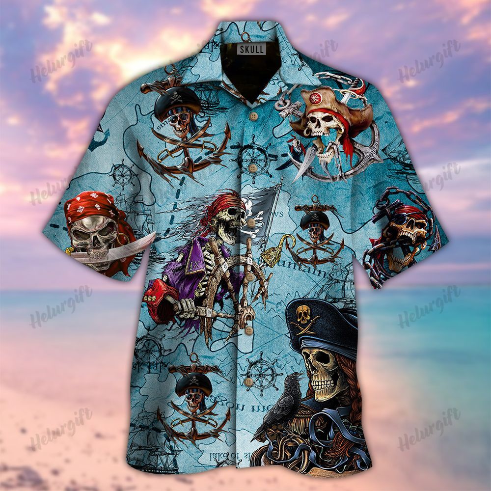 Skull Pirate Blue Hawaiian Aloha Short Sleeve Shirt Ha38921