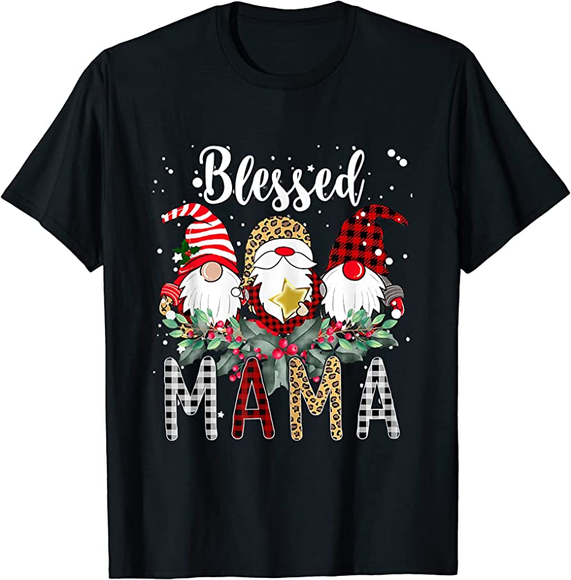 Blessed Mama Christmas Leopard Buffalo Plaid Gnome T-Shirt