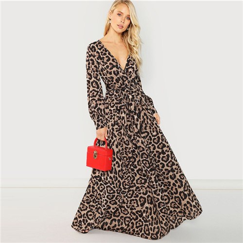 Smulticolor Party Sexy Surplice Neck Leopard Print Overlap Long Sleeve Dress 2018 Autumn