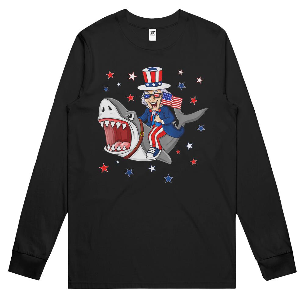 4Th July Shirts, Fourth Of July Long Sleeve T Shirts, Patriotic Shirt Womens Men, Uncle Sam Riding Shark 4Th Of July Patriotic Boys Funny Long Sleeve T Shirts