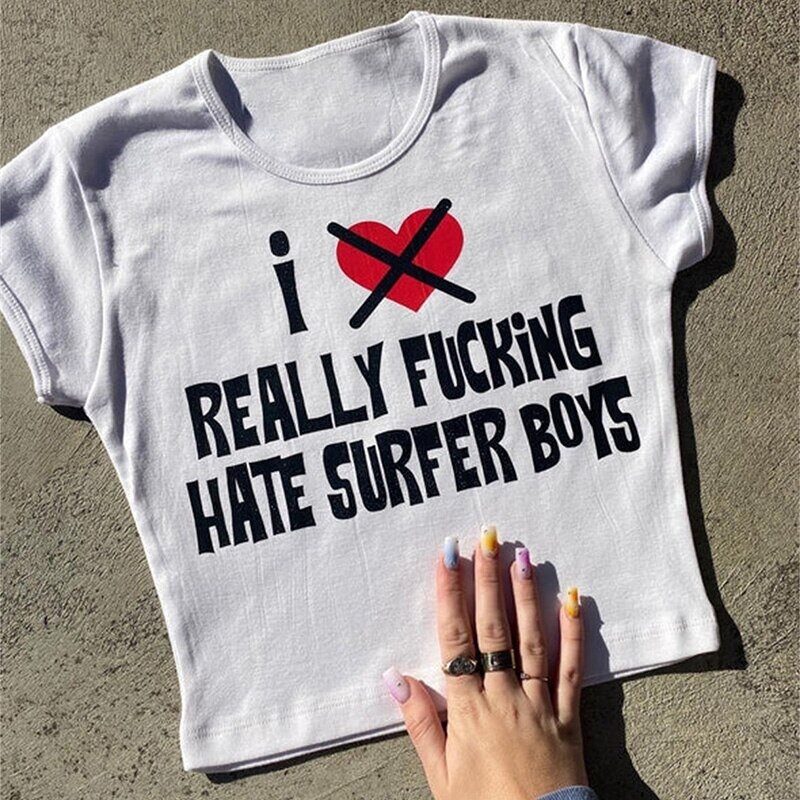 I Hate Surfer Boys Crop Tee, White Y2k Funny Slogan Graphic Tee, 90s Aesthetic Streetwear Short Sleeve Crop Top Aesthetic Harajuku Y2K