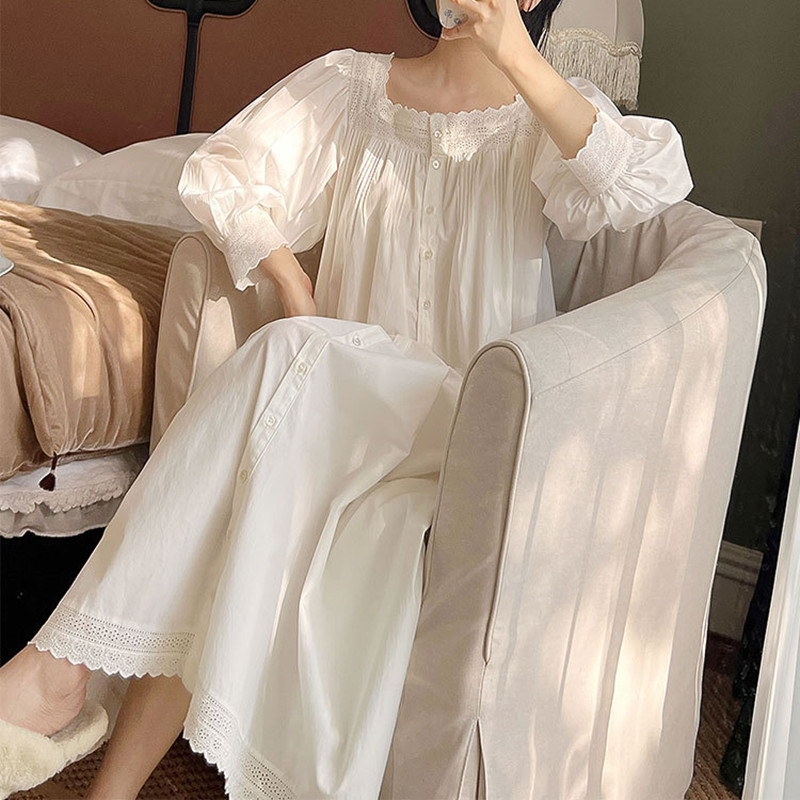 Women French Style Loose Cardigan Nightdress Autumn Full Sleeves Vintage Princess Long Nightgowns Cotton Square Collar Nightie alx