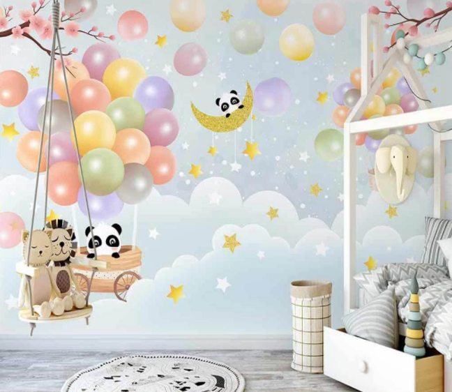 3D Cartoon Colorful Balloon Sky Cloud Panda Animal Wall Mural Wallpaper Lxl