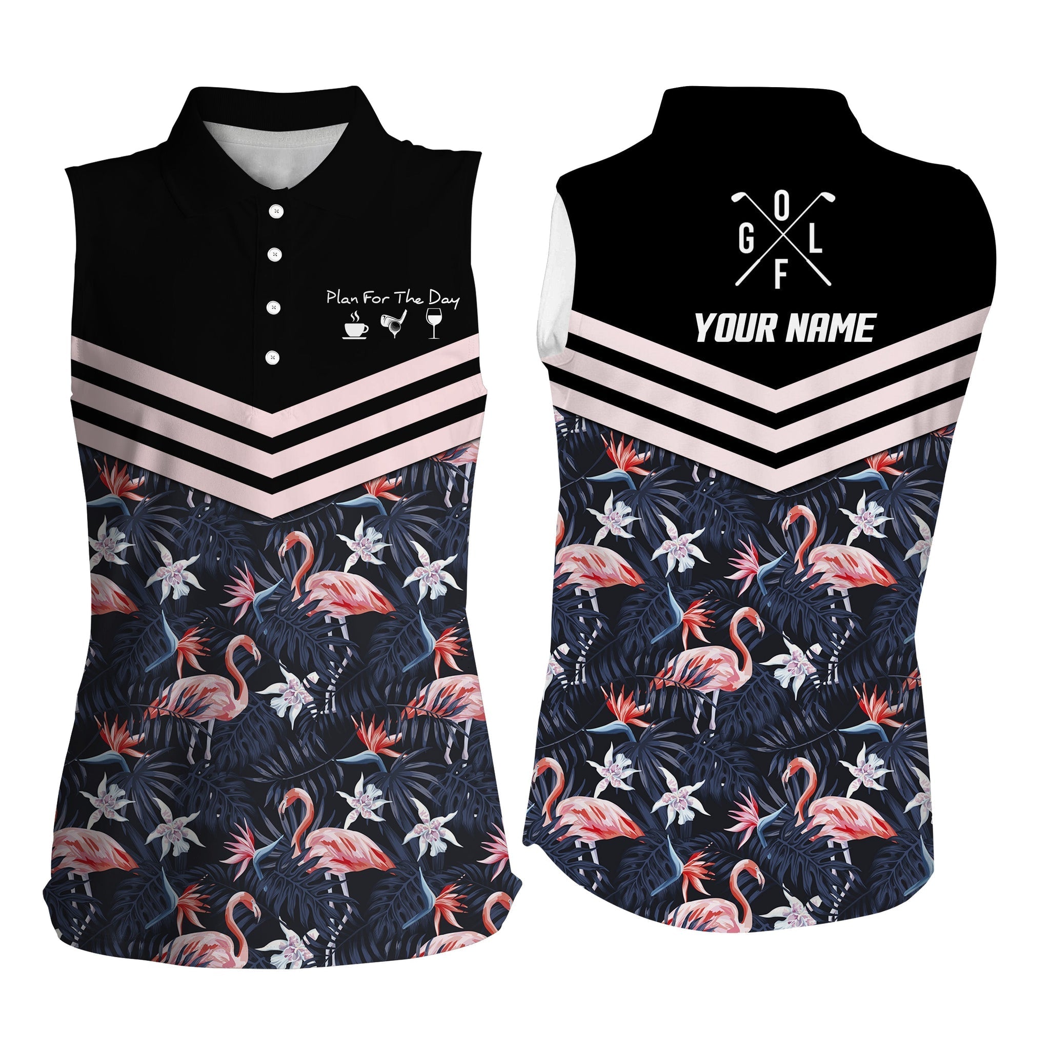 Plan For The Day Coffee Golf Wine Custom Womens Sleeveless Polo Shirts Tropical Leaf Flamingo Pattern